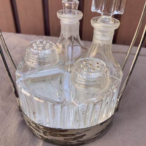 Menage Tischset Art Deco Essig Öl Salz & Pfeffer im Tragerl antik vintage Glas - Picture 8 of 9