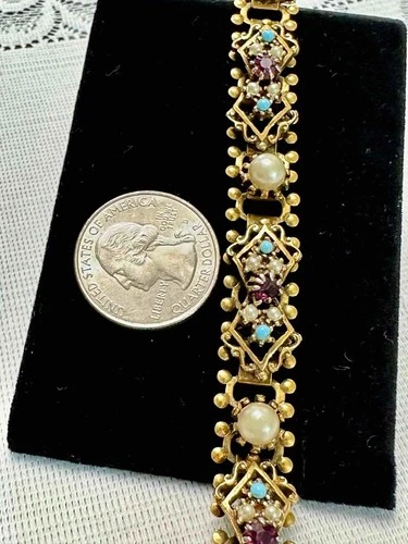 Beautiful Decorated Gold Tone, Faux Pearl & Amethyst Rhinestone Bracelet 6-3/4"