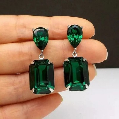 5Ct Emerald Cut Lab Created Emerald Drop Dangle Earrings 14K White Gold Plated