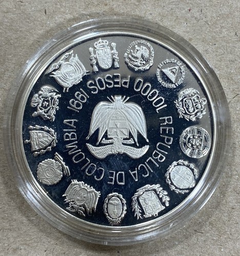 COLOMBIA. AÑO 1991. 10.000 PESO PLATA " ENCUENTRO ENTRE DOS MUNDOS ". PESO 27 G - Imagen 2 de 2