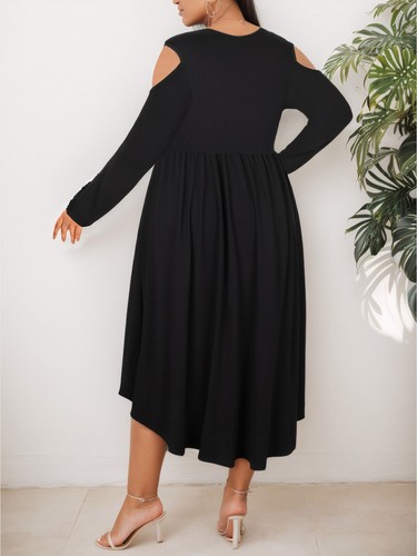 Plus Size Women Gothic Cold Shoulder Midi Dress Pockets Ruffle Swing Party Dress - Picture 5 of 16