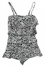 Black  White Floral Romper Style One-Piece Bathing Suit Size L - A178