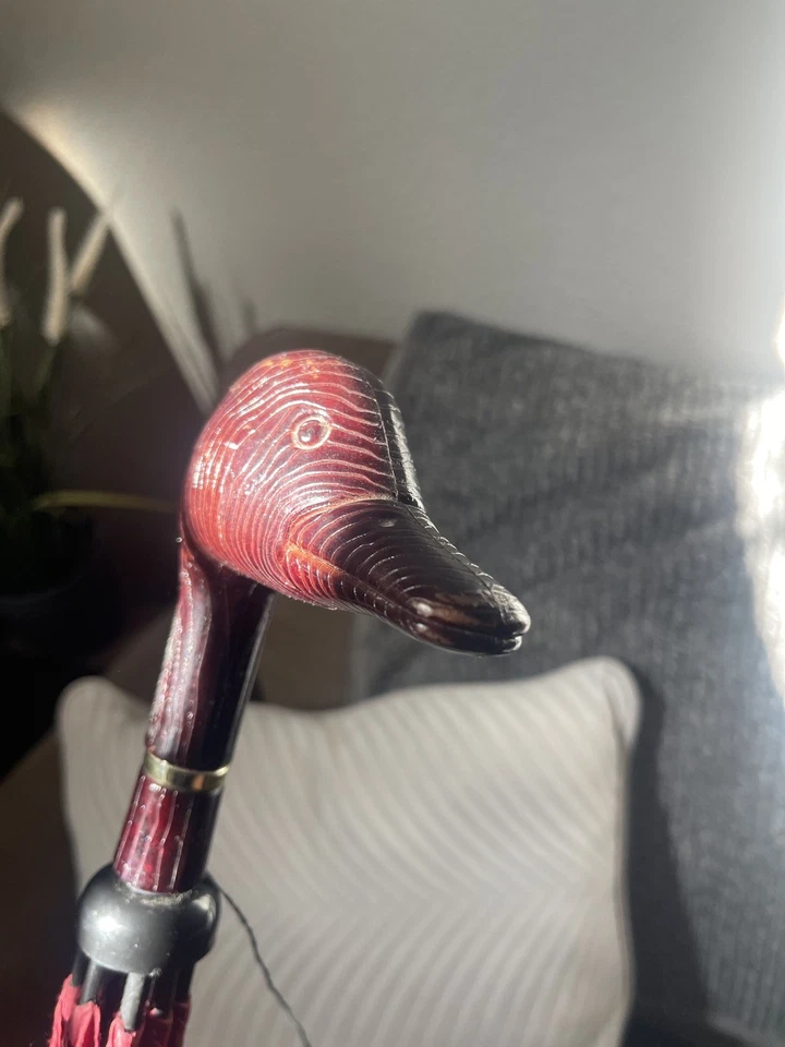 "Paraguas de colección bastón para caminar Aramis aves clima madera cabeza de pato 36" largo abierto 45""" Foto 4 de 4