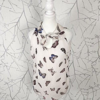 Italian Made Ivory Butterfly Print Silk Overlay Tie Neck Tank | Women's S