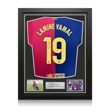Lamine Yamal Signed 2024-25 Barcelona Home Football Jersey. Standard Frame