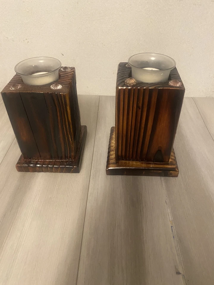 Candelabro rústico hecho a mano de madera real luz de té decoración de torre, manchado Foto 2 de 4