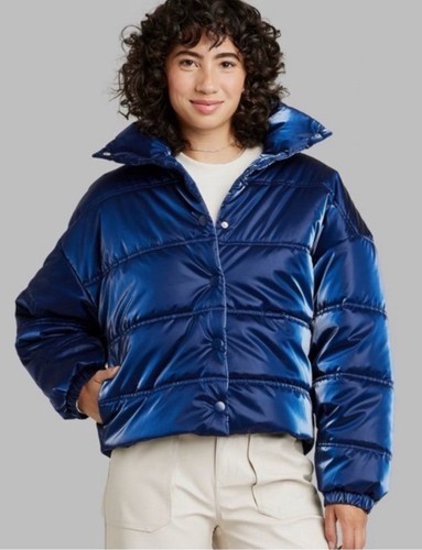 Wild Fable Women's Iridescent Shine Duvet Snap Puffer Jacket Blue Size XL, NWT - Picture 1 of 8