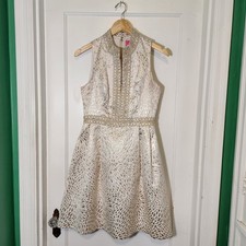 Lilly Pulitzer Franci Dress Gold Jacquard Size 4 Pockets Fit Flare Cocktail