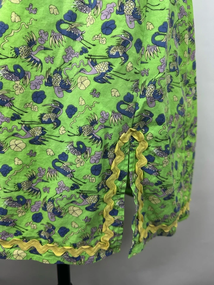 Lindo Vestido Tibi Vintage Y2K 12 Verde Lima Asiático Estampado de Pájaro Grúa Rickrack Borde Foto 4 de 4