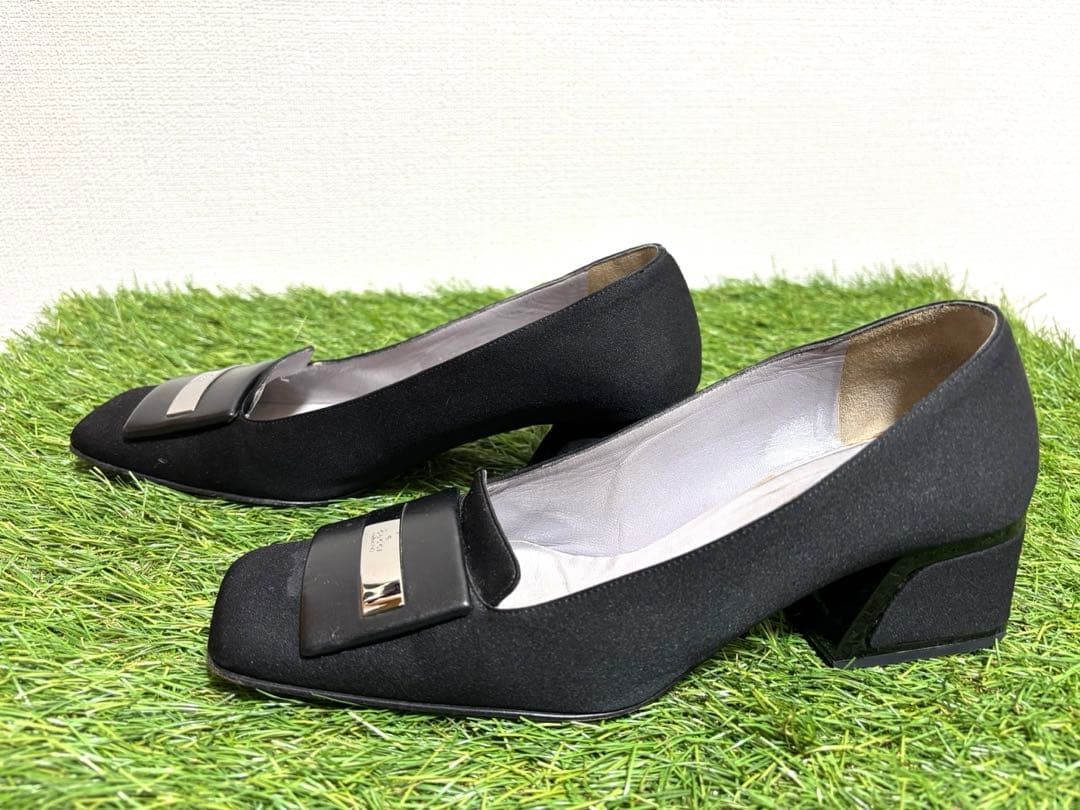 Auth Gucci Pumps Leather Satin Black Logo Plate Heel EU36.5 US6.5 UK3.5 thumbnail 5