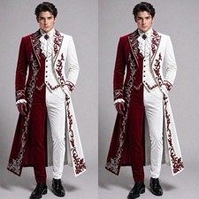 Fashion Splicing Men's Suits Peak Lapel Embroidery Party Prom Long Coat 3pieces