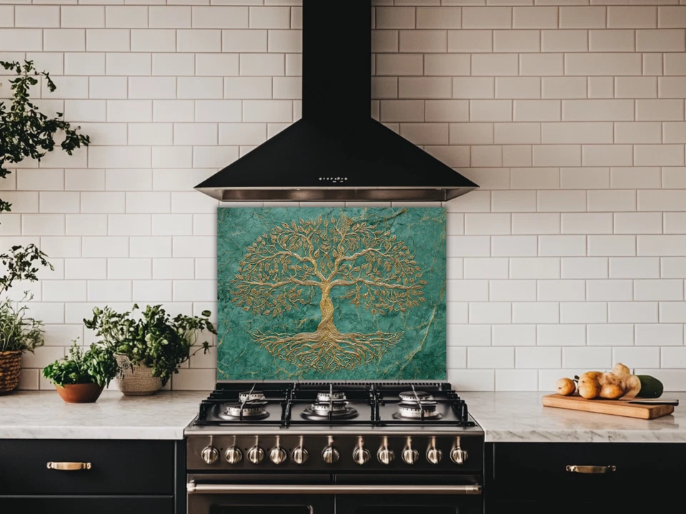 Árbol de la Vida Splashback Diseño Dorado en Mármol Verde Estufa Endurecida Salpicadero Foto 3 de 4