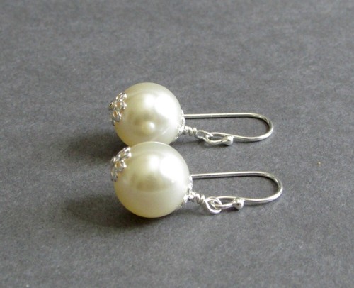 STERLING SILVER + 10mm Swarovski Pearl Dangle Earrings White, Grey, Pink, Black - Picture 6 of 7