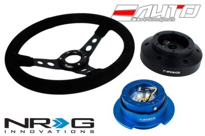 NRG 350mm 3'' DP Steering Wheel Suede Black St 101H Hub Gen2.5 Blue Quick Release