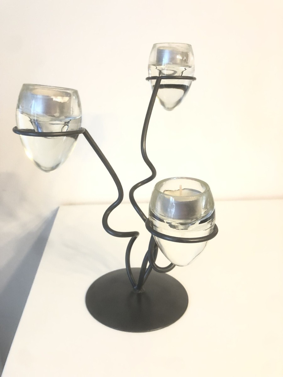 Bougeoir Art Déco – Triple Support Métal Et Boules De Verre – Occasion