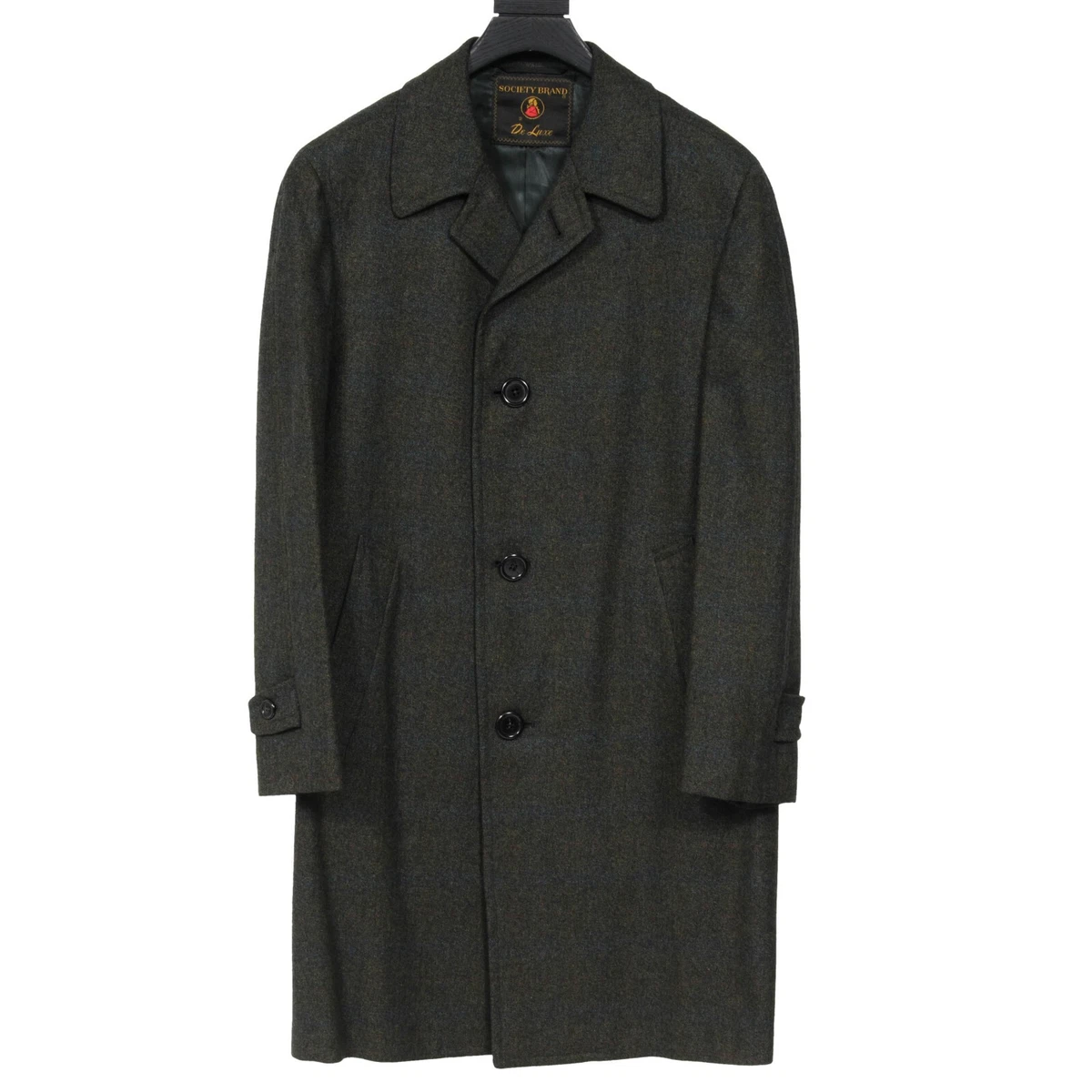 Society Brand De Luxe Mens Vintage Single Breasted Long Coat 44 Green Blue Wool