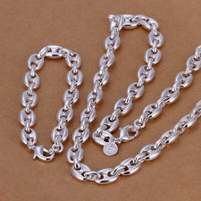 Chaine et Bracelet collier maille grain de café plaqué argent  50 cm 20 cm 8 mm