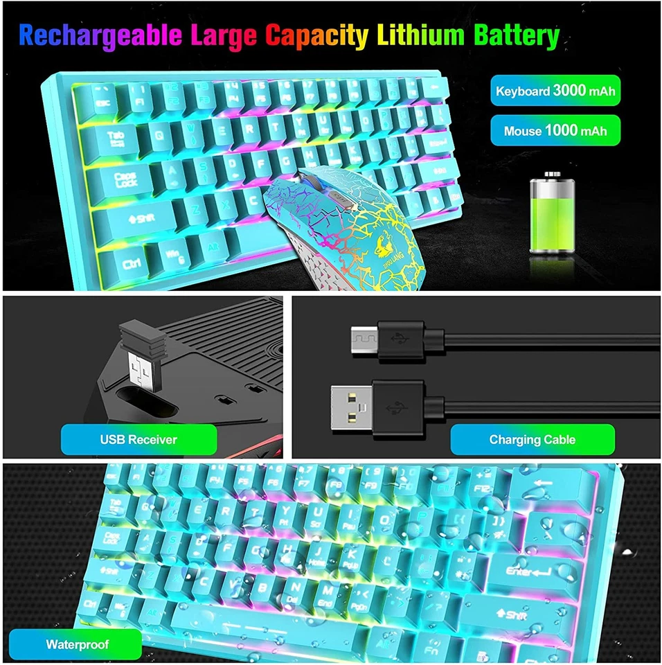 2.4G 60% Kabellos Gaming-Tastatur und Maus combo, Funk Kleine RGB LED beleuchtet - Bild 2 von 4