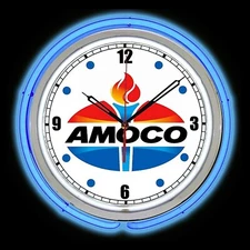15" AMOCO Gas Oil Sign Blue Double Neon Clock Garage Man Cave