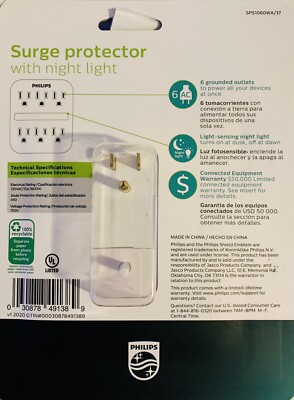 PHILIPS ELITE 6 AC SURGE PROTECTOR WITH NIGHT LIGHT 440 JOULES