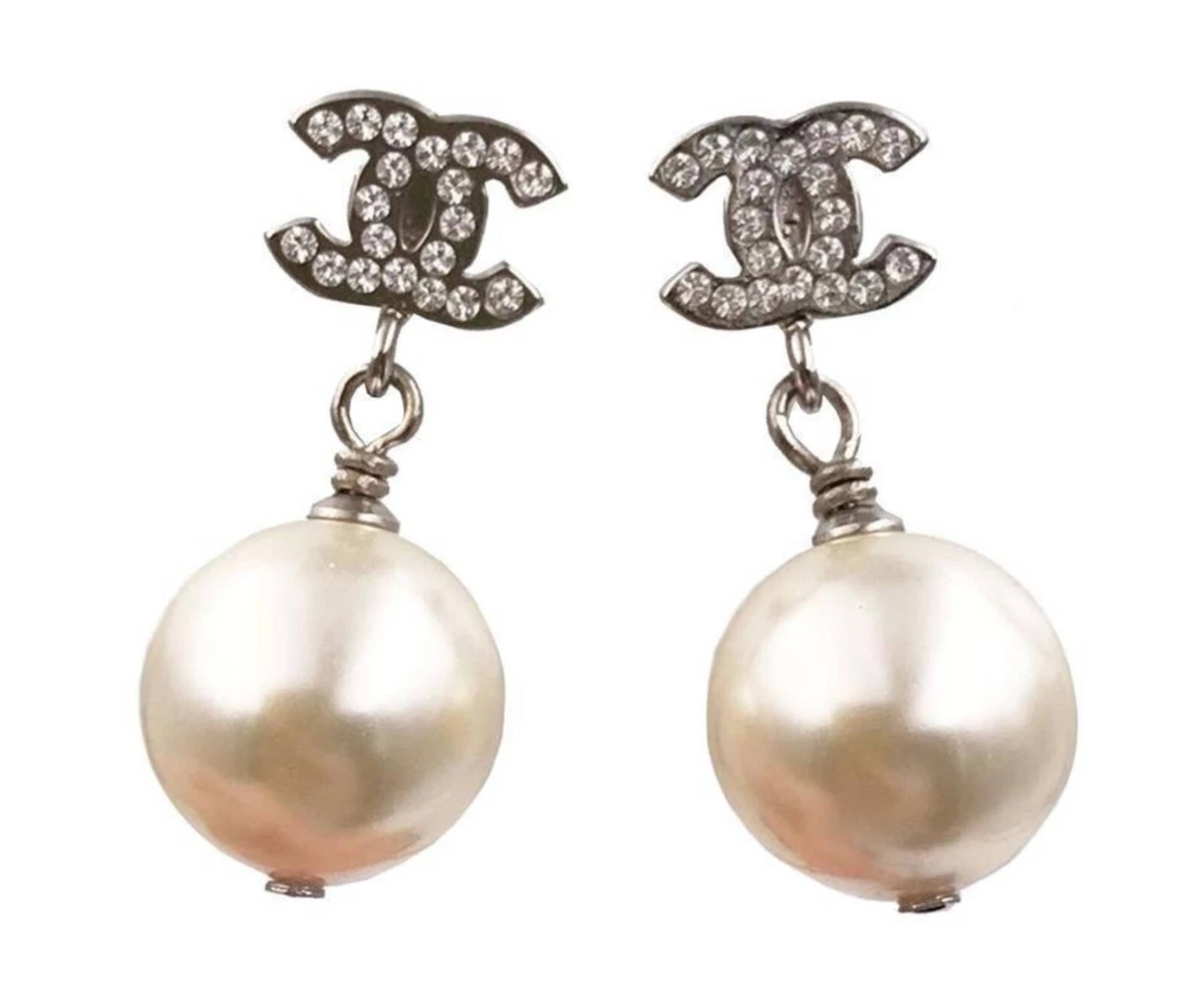 Chanel Silver CC Faux Crystal Pearl Drop Earrings