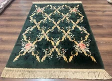 Karastan Garden of Eden Rug 4x6 Green Savonnerie Vintage Wool Carpet