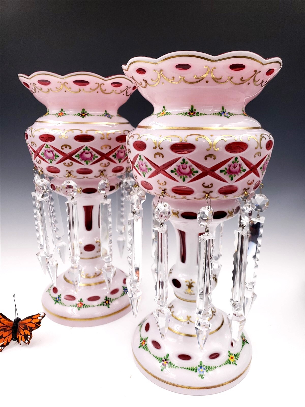 Bohemian Overlay Cut Crystal Mantle Lusters Large Set eBay