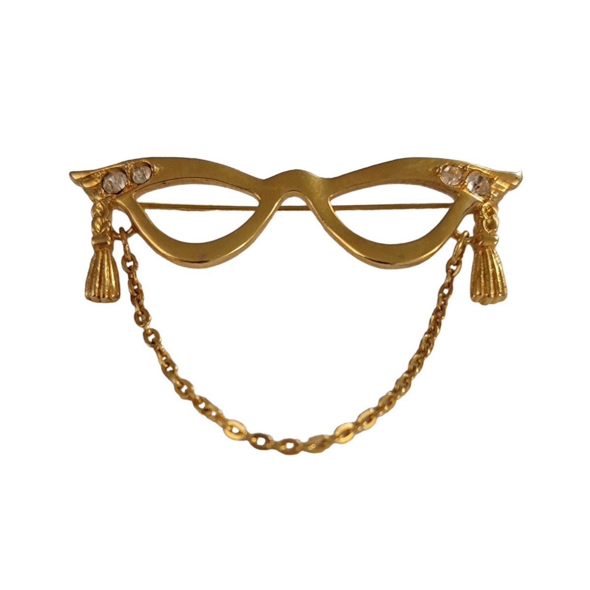 Avon Gold Tone Cat Eye Glasses Clear Rhinestones Lenses Brooch Pin - Main Image