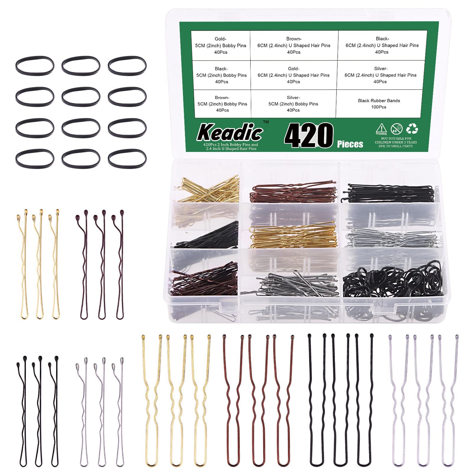 421Pcs Metal Hairpin Kit with Storage Case, Includes 2” Bobby Pins & 2.4” U Shape Pins