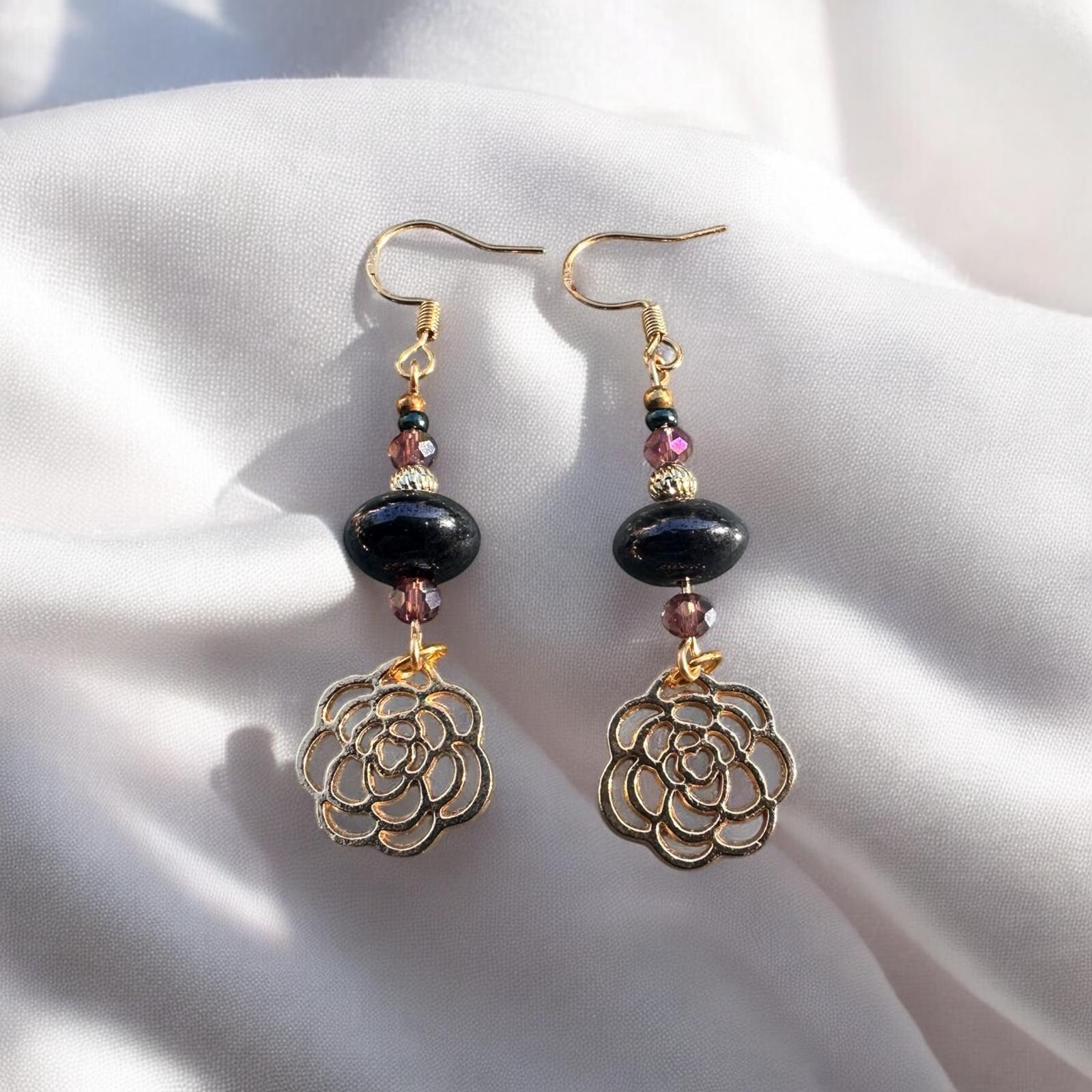 Handmade Glass Bead Dangle Earrings with Gold-Filled Flower Pendant