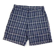 Champions Tour Men's Flat Front 100% Polyester Navy Blue Plaid Golf Shorts 36