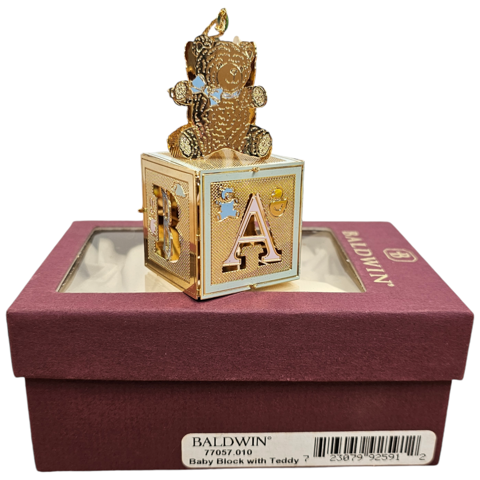 Baldwin Baby Block Teddy Ornament 2002 Christmas Gold Plated Brass 77057-image