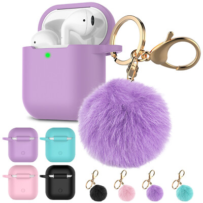 Apple Airpods 2nd Generation Silicone Charging Case Cover with Keychain+Fur  Ball