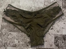 NWT VICTORIA'S SECRET SMALL OLIVE GREEN SMOOTH MESH LACE BOW RARE CHEEKY PANTIES