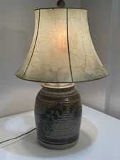 Vtg Salt Glaze Pottery Table Lamp Hand Thrown With Shade Artist Signed H Burke