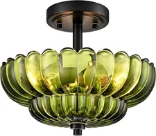 Modern Vintage Green Glass 3-Light Black Base Semi Flush Mount Ceiling Light