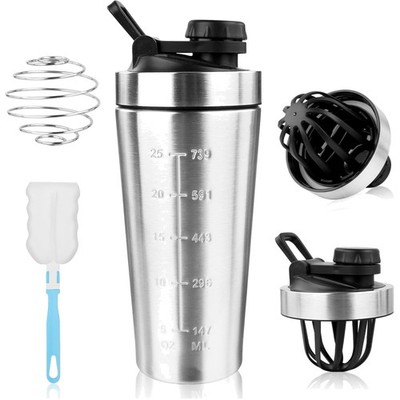 Protein-Shaker Edelstahl 750ml, Kugel, Tragegriff, Messskala, wiederverwendbar