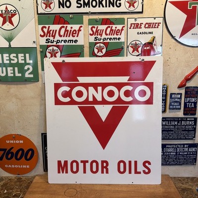 LARGE ORIGINAL 'CONOCO MOTOR OIL' 27X30 INCH DOUBLE SIDED PORCELAIN SIGN