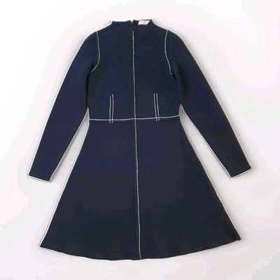 Sandro Lune Contrast Stitching Knit Long Sleeve Navy Midi Dress Size 36