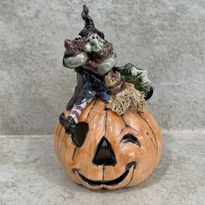 Jack-o -Lantern w/ Witch Iridescent Ceramic Halloween Decor Figurine 7 NO CORD