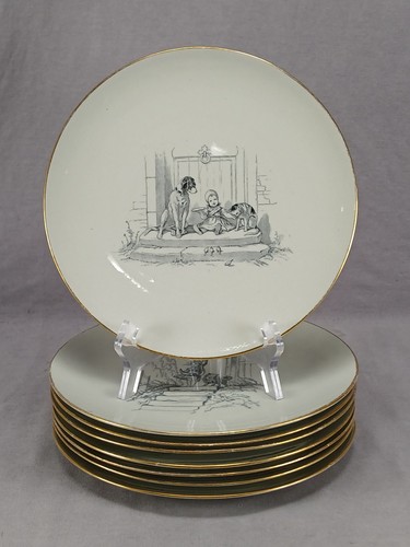 Set of 8 Pinder & Bourne Children's Activities Transferware & Gold Plates C1877