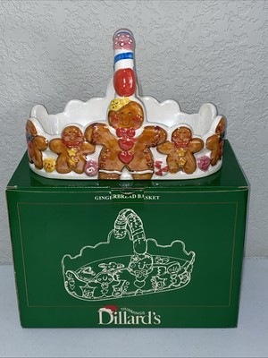 Large VTG Ceramic Hand Painted Christmas Gingerbread Basket Dillard's Box NEW