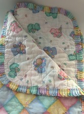 Vintage Carter's Teddy Bear Picnic Baby Quilted Blanket Pastel Ruffle 90s