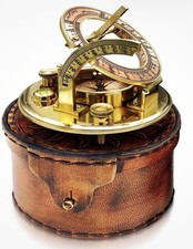 Brass Sundial Compass in Leather Case - Nautical Gifts for Men, Antique Saili...