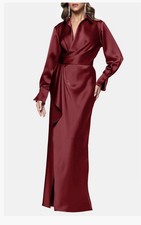 Xscape Evenings Wine Collar Long Sleeve Satin Gown Dress Size 4 $288