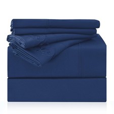Queen Size Sheet Set 6 Piece Navy Blue 16 Inch Deep Pockets Microfiber Hotel