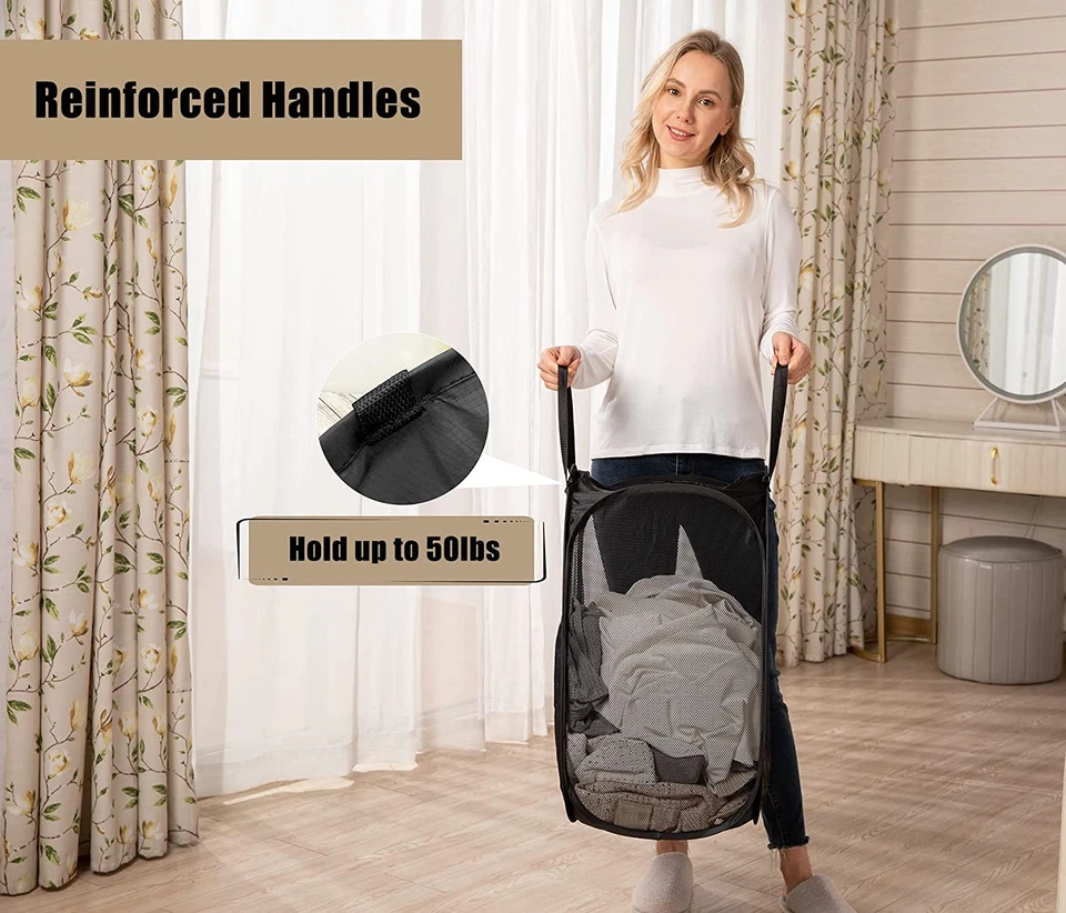 2 Pcs Strong Mesh Pop-Up Laundry Hamper, Quality Pop up Hampers for Laundry with - Image 3 of 4