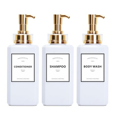 White Shampoo and Conditioner Dispenser with Gold Pump 16.9oz Set of 3 Empty ...
