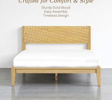 Sapa Queen Solid Wood  Bed Frame Geometric Headboard Slatted Base Beige 85"
