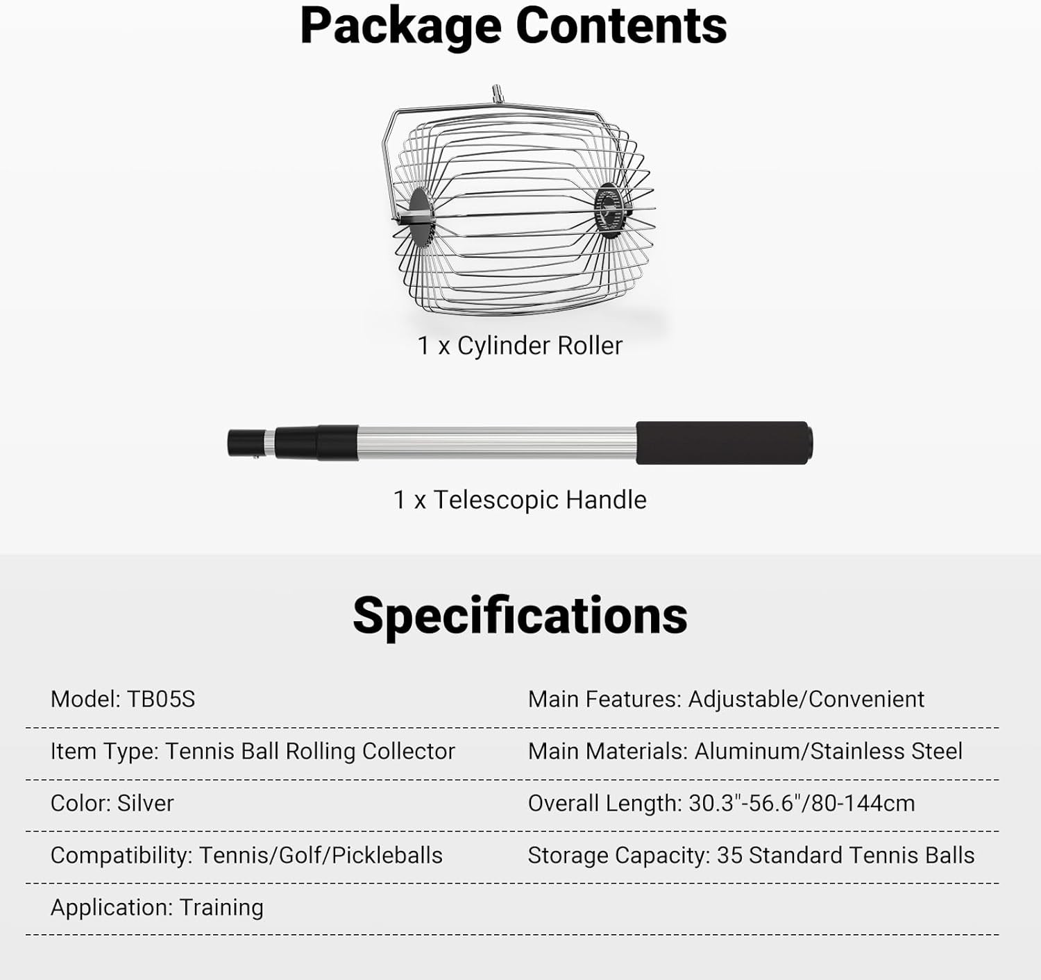 NEEWER TB01SD Tennis Ball Hopper, Telescopic 30-58", Rolling Collector
